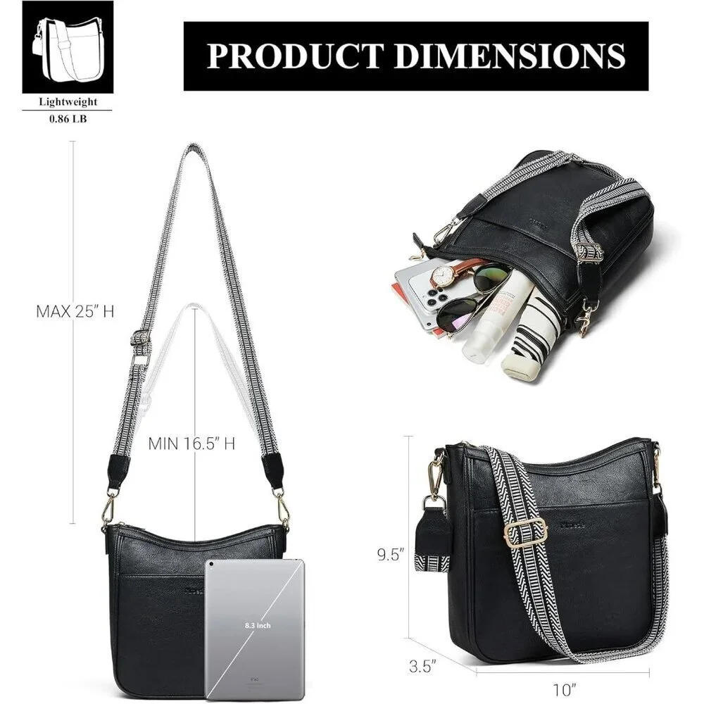 Women's 3-1 Black Vegan Leather Hobo Daily Travel Work Shoulder Crossbody Purses